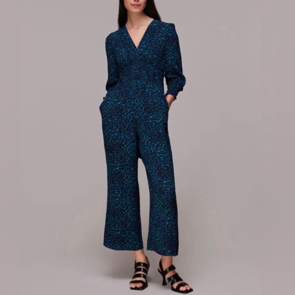 Whistles Leopard Print Jumpsuit Women Size 14 Teal Navy Black Fairy Grunge